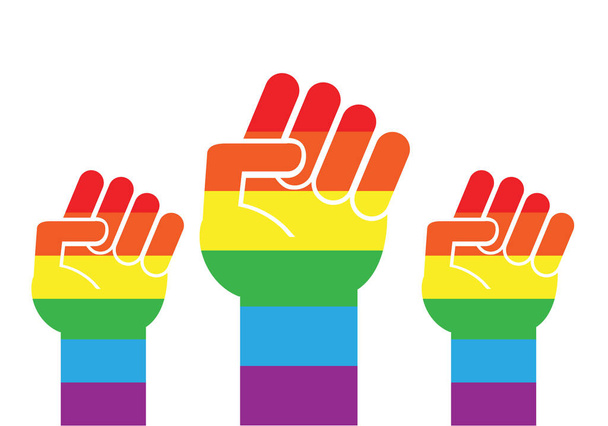 Vector flat cartoon lgbt rainbow flag three fist isolated on white background - Vettoriali, immagini