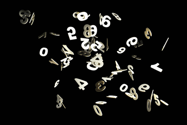 Números de madera reales que vuelan aislados sobre fondo negro
 - Foto, Imagen