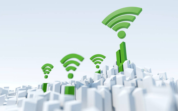 Wireless connectivity in urban environment. Modern, smart city concept. Digital 3D render. - Photo, Image