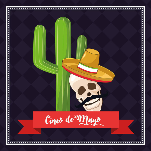 Cinco de mayonez kutlama kartı, içinde mariachi kafatası ve kaktüsü var. - Vektör, Görsel