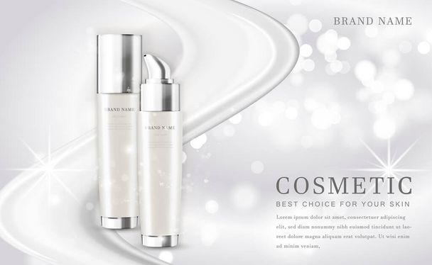 Vector 3D cosmetic make up illustration product bottle with elegant white shiny background - Vector, Image