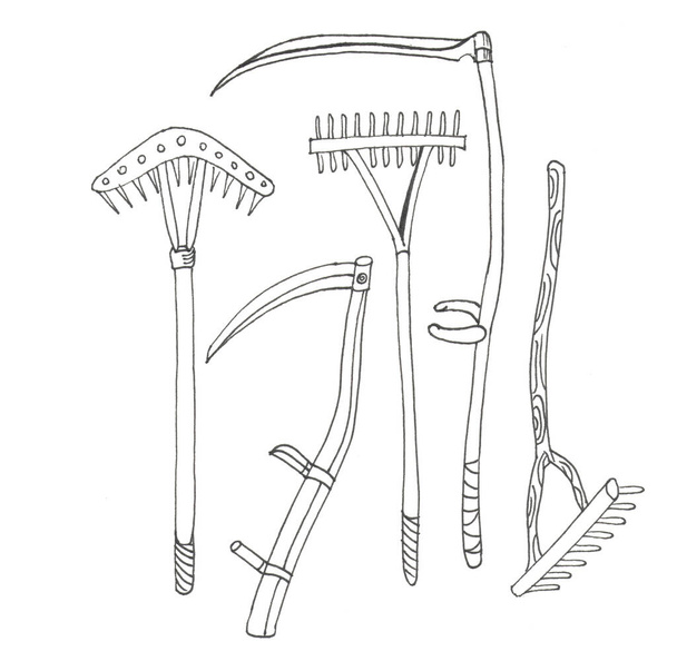 tranças de forquilhas para ferramentas de jardim de fazenda de feno
 - Foto, Imagem