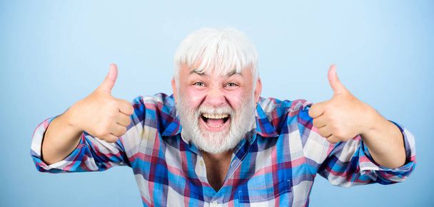 Barbershop hairdresser haircut. Grey hair. Typical grandpa. Emotional mature hipster. Sincere grandparent. Beard and facial hair care. Elderly people. Bearded man with white hair wear checkered shirt - Fotó, kép