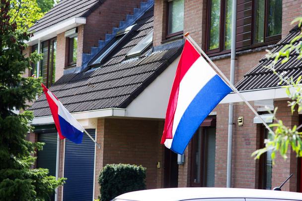 Два прапори, що махають вітром на фасаді будинку під час національного свята в Нідерландах. - Фото, зображення