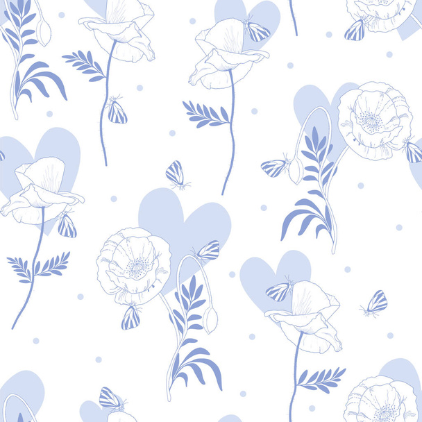 Seamless Vector Floral Pattern with beautiful flowers, butterflies and hearts for decoration, print, textile, stationery, fabric. - Wektor, obraz