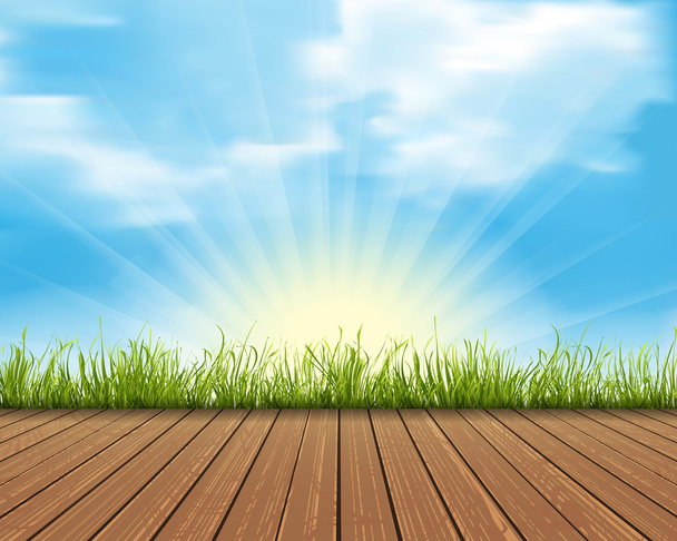 Pavimento in legno con erba verde isolata su cielo blu e luce solare
 - Vettoriali, immagini