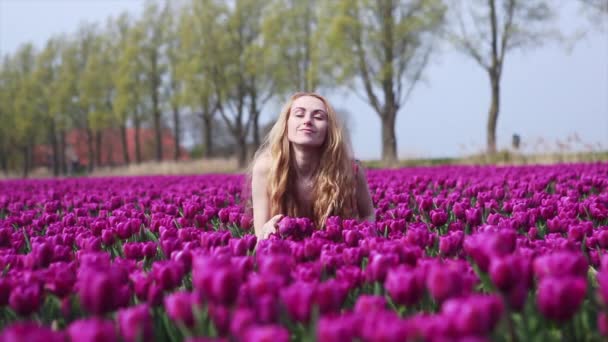 4K video. magisch nederland landschap met prachtige lange rode haar vrouw dragen in gestreepte jurk. Meisje met boeket kleurrijke tulpen bloemen en staan op paarse tulp velden. Voorjaarsconcept - Video