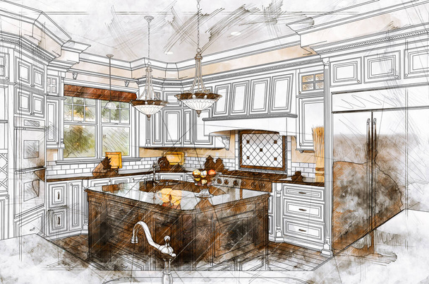 Όμορφη κουζίνα συνήθειας Σχεδιασμός Σχεδίαση Λεπτομέρειες Εικονογράφηση. - Φωτογραφία, εικόνα