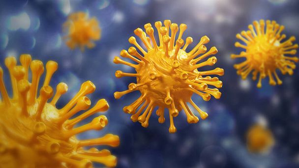 Super primer plano Coronavirus COVID-19 en el fondo del cuerpo humano. Concepto de ciencia y microbiología. Epidemia de brotes de virus Corona. Investigación en salud médica e infección por virología. Ilustración 3D
 - Foto, Imagen