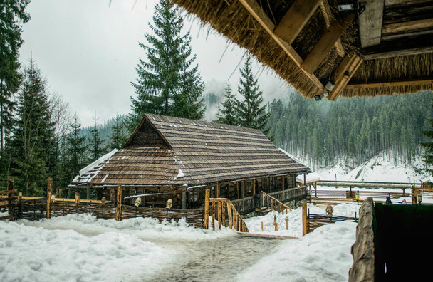  カルパチア山脈の古い伝統的な村の家と荘園 - 写真・画像