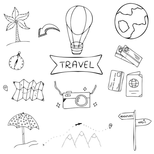 Vektor-Set von Reisesymbolen, einfache Vektor-Clip-Art mit handgezeichneten Reiseelementen - Vektor, Bild