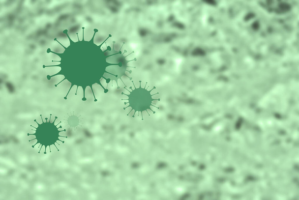 Coronavirus COVID-19 abstrait fond vert. COVID-2019 sur fond vert avec espace de copie pour le texte. Illustration du virus vert. Images du cadre du coronavirus. Concept d'infection virale
 - Photo, image