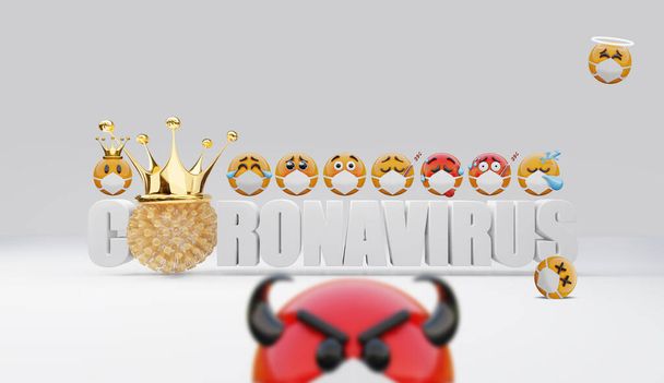 3D renderizar texto Coronavirus e grupo de emoji rosto com sintomas de coronavírus. A coroa dourada é colocada na célula vírica do vírus. Espalhando Covid19 através da sociedade emoticon
. - Foto, Imagem