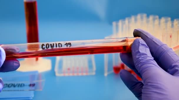 Coronavirus covid-19 probówka z próbką krwi obracającą się w dłoni z rękawicą medyczną szczegółowo - Materiał filmowy, wideo