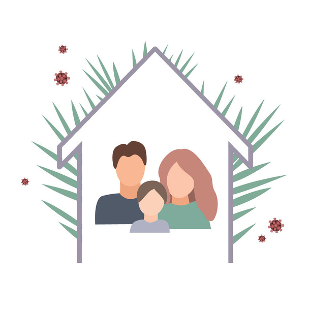 Coronavirus quarantine concept with family staying at home. Flat cartoon vector illustration - Вектор, зображення