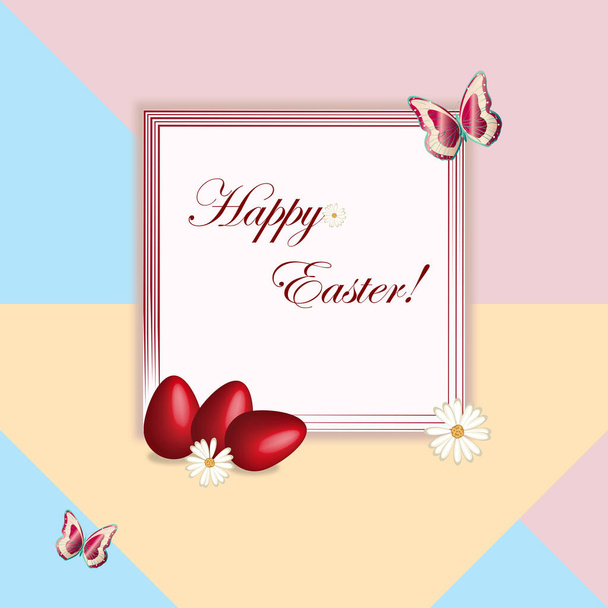 happy Easter card illustration with red Easter eggs and colorful background - 写真・画像
