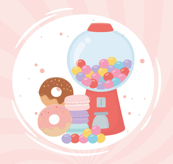 happy day, gumball machine donuts caramels cartoon - Vector, Image