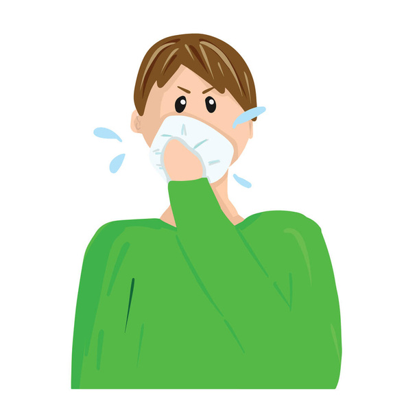 Patiënt met hoesten geïsoleerd op witte achtergrond. Eenvoudige vector illustratie in cartoon platte stijl. Tekenen van infectieuze ademhalingsziekten: coronavirusinfectie, longontsteking, bronchitis, griep, mazelen - Vector, afbeelding