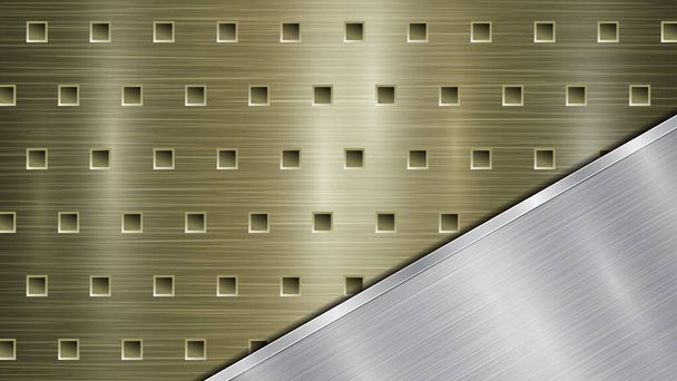 Hintergrund aus goldener perforierter metallischer Oberfläche mit Löchern und abgewinkelter silberpolierter Platte mit metallischer Struktur, grellen und glänzenden Kanten - Vektor, Bild