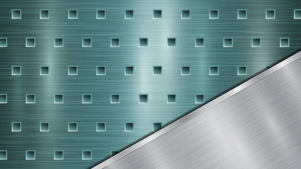 Achtergrond van lichtblauwe geperforeerde metalen oppervlak met gaten en schuin zilver gepolijste plaat met een metalen textuur, glans en glanzende randen - Vector, afbeelding
