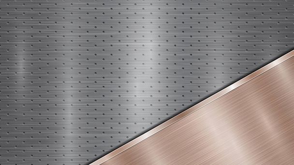 Fond de surface métallique perforée argentée avec des trous et une plaque polie en bronze inclinée avec une texture métallique, des reflets et des bords brillants
 - Vecteur, image