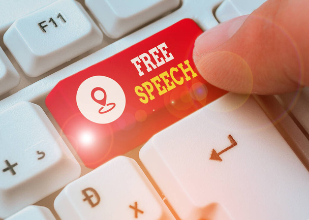 Writing note showing Free Speech. Business photo showcasing the right of showing to express their opinions publicly. - Photo, Image