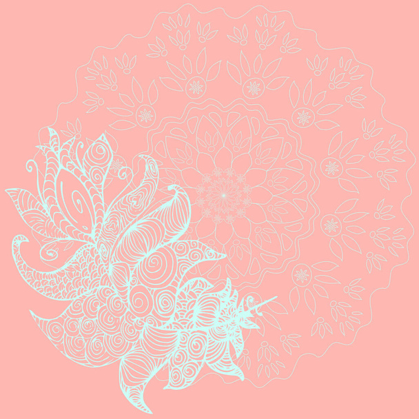 Mandala and zen feather red rose pink green mint turquoise colors vector illustration - Vetor, Imagem