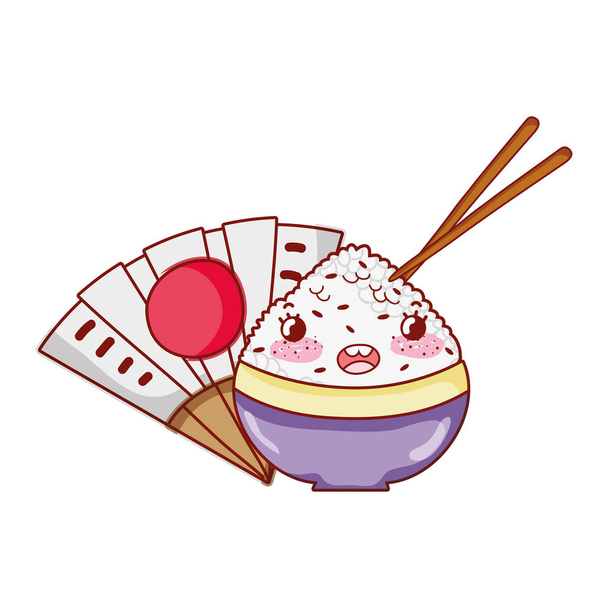 kawaii rice in bowl sticks food fan japanese cartoon, sushi and rolls - Vector, Image