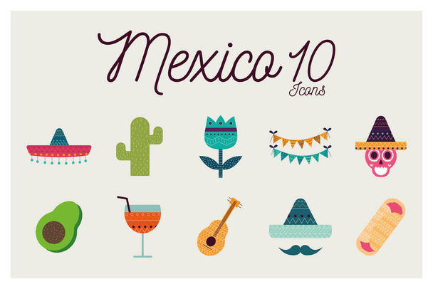 10 Mexican flat style icon set vector design - Vector, Image