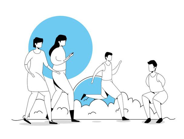 группа людей практикующих аватар упражнения характер
 - Вектор,изображение