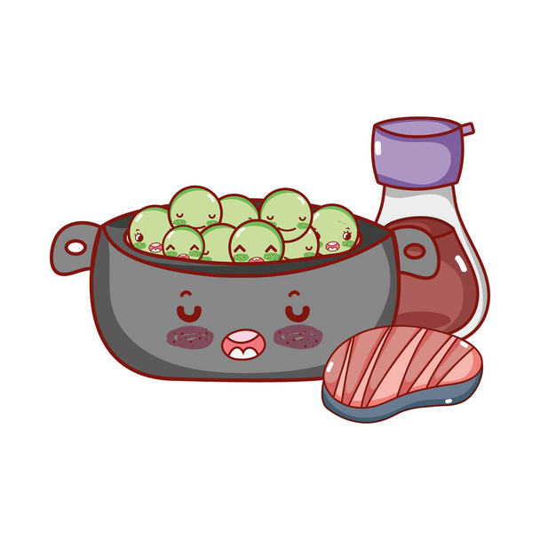 kawaii cozinhar panela ervilhas carne e saquê alimentos desenhos animados japoneses, sushi e rolos
 - Vetor, Imagem