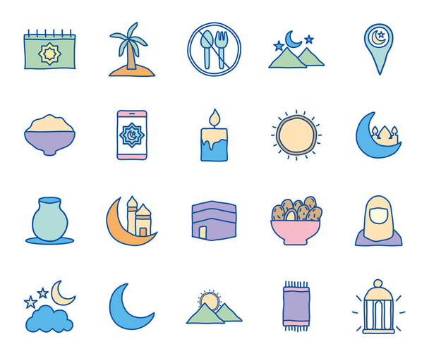 Ramadan line and fill style icon set vector design - Vector, afbeelding