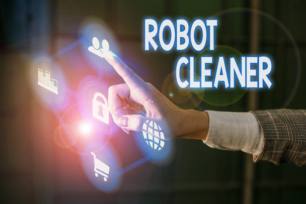 Writing note showing Robot Cleaner. Business photo showcasing Intelligent programming and a limited vacuum cleaning system. - Photo, Image