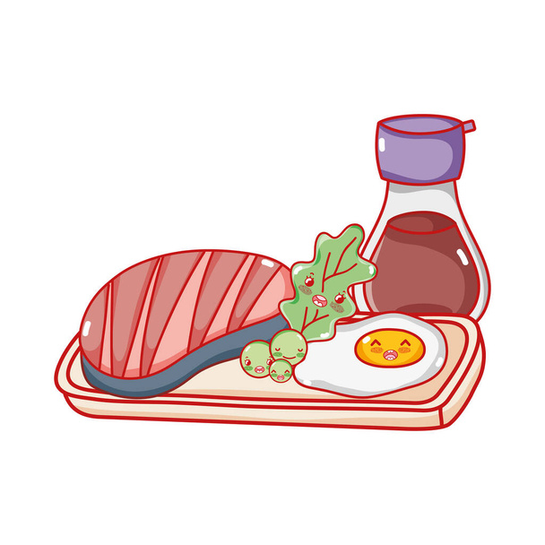kawaii ryb sake i smażone jajko jedzenie japońska kreskówka, sushi i bułki - Wektor, obraz