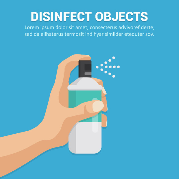 Disinfettare gli oggetti con il concetto di spray in un design piatto. Illustrazione vettoriale - Vettoriali, immagini
