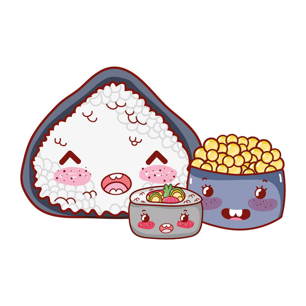 σούπα ρολό ρυζιού kawaii και χαβιάρι τροφίμων ιαπωνικά κινούμενα σχέδια, σούσι και ρολά - Διάνυσμα, εικόνα