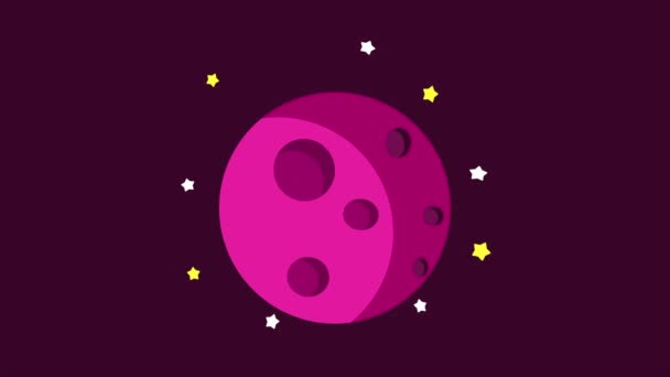 Cartoon planète avec drapeau et étoiles autour de la planète animation vidéo. Une planète rose comme une lune avec des cratères dans l'espace violet foncé. Un drapeau est vide et avec de l'espace pour le design. Illustration vectorielle dessin animé plat style
 - Séquence, vidéo