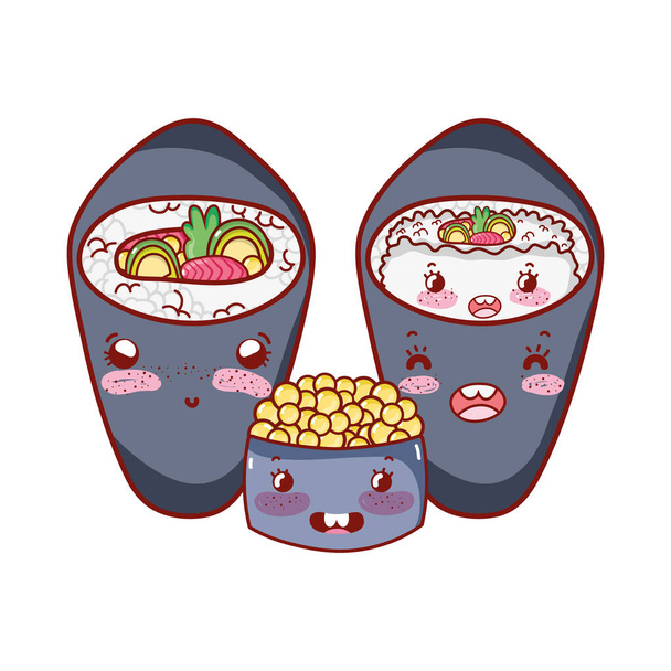 kawaii temaki sushi arroz salada caviar alimentos desenhos animados japoneses, sushi e rolos
 - Vetor, Imagem