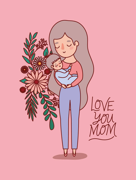 Mother and baby cartoon with flowers and leaves vector design - Vektori, kuva