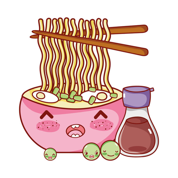 kawaii nudeln suppe sake und erbsen essen japanischer cartoon, sushi und rollen - Vektor, Bild