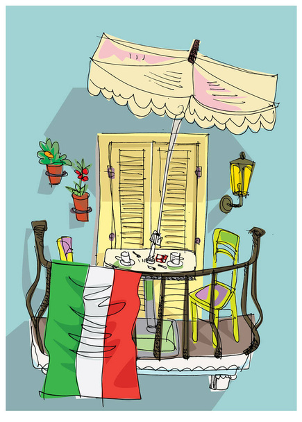 Bandiera italiana sul tradizionale balcone mediterraneo come simbolo di lotta contro la pandemia di coronavirus. Cartone animato. Schizzo
. - Vettoriali, immagini