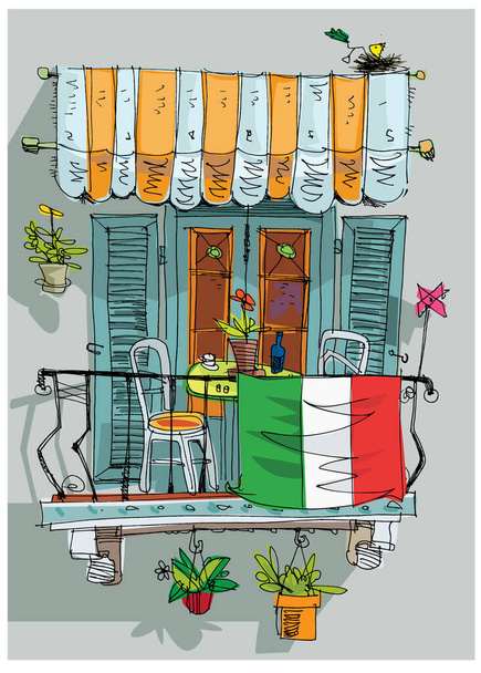 Olasz zászló a hagyományos mediterrán erkélyen, mint a koronavírus világjárvány elleni küzdelem szimbóluma. Rajzfilm. Vázlat. - Vektor, kép