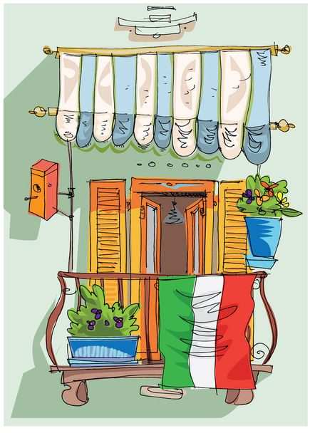 Ιταλική σημαία στο παραδοσιακό μεσογειακό μπαλκόνι ως σύμβολο του αγώνα με την πανδημία coronavirus. Γελοιογραφία. Σκίτσο. - Διάνυσμα, εικόνα