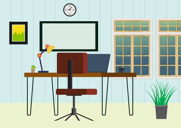 Modern workplace near the window in room. Flat style. Creative office workplace - Vector, Image