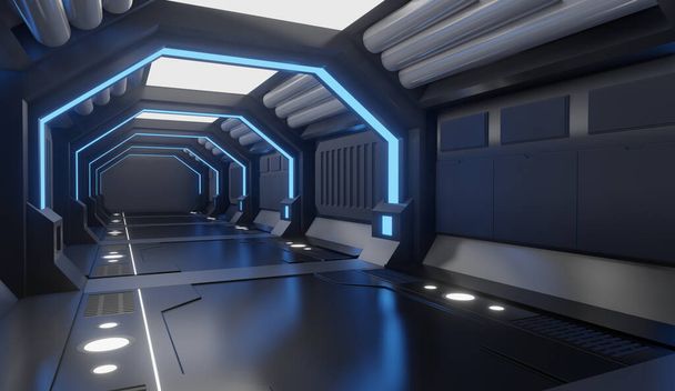 3D rendu Spaceship intérieur noir avec lumière bleue, tunnel, grand couloir, futuriste
  - Photo, image