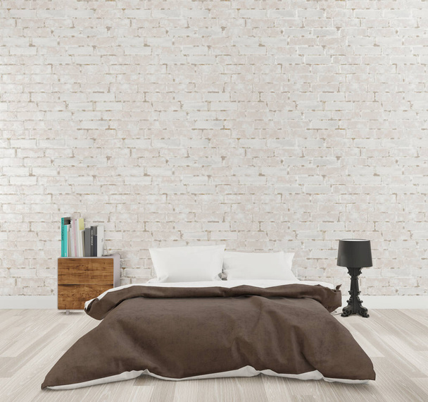 Representación 3D Dormitorio estilo loft con pared de ladrillo blanco, piso de madera, maqueta
 - Foto, Imagen