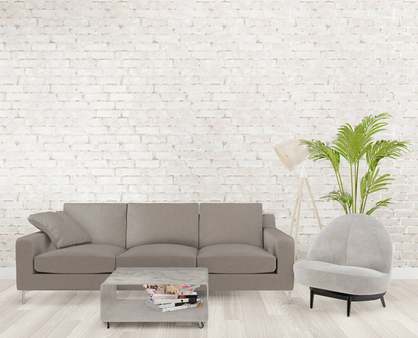 3d renderização loft sala de estar com sofá cinza, lâmpada, árvore, parede de tijolo, mock up
 - Foto, Imagem