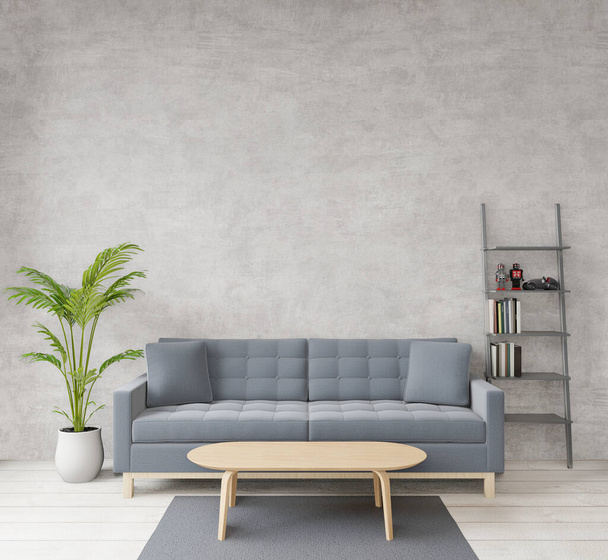Representación 3D Sala de estar de estilo loft con hormigón crudo, suelo de madera, sofá, imagen para copiar espacio o maqueta
 - Foto, Imagen