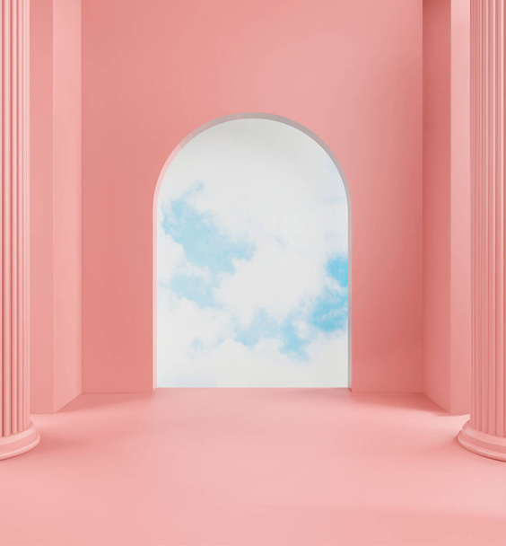 3d rendering of pastel walkway ,pink  color background and blue sky behind the door copy space - Φωτογραφία, εικόνα