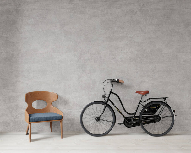 sedia e bicicletta con muro di cemento grezzo, pavimento in legno, spazio copia, modellare, rendering 3d
 - Foto, immagini